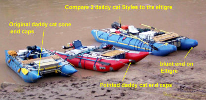 compare the styles of cataraft ends over the years, Daddy and El Tigre cats